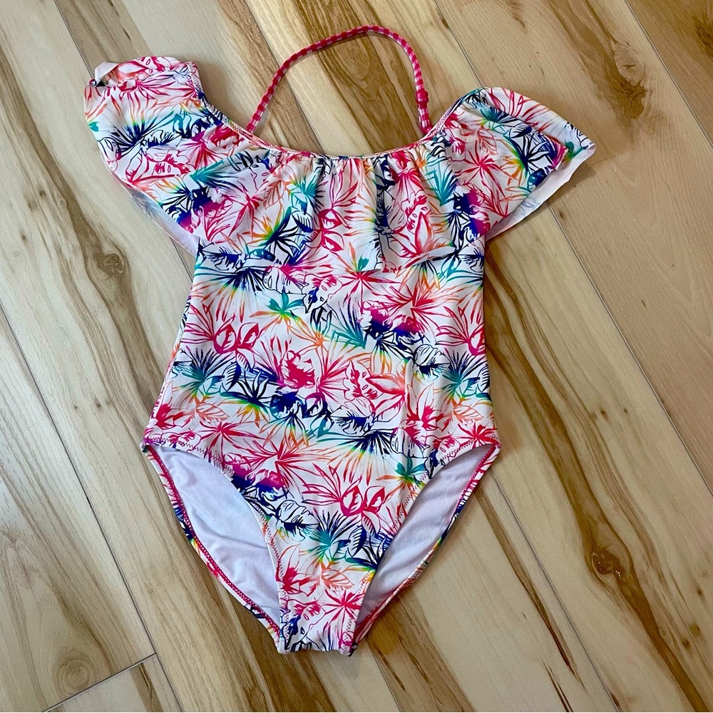 Tommy Bahama 1 Pc Swimsuit Rainbow Frond Off The Shoulder Ruffle Girl’s Size 14